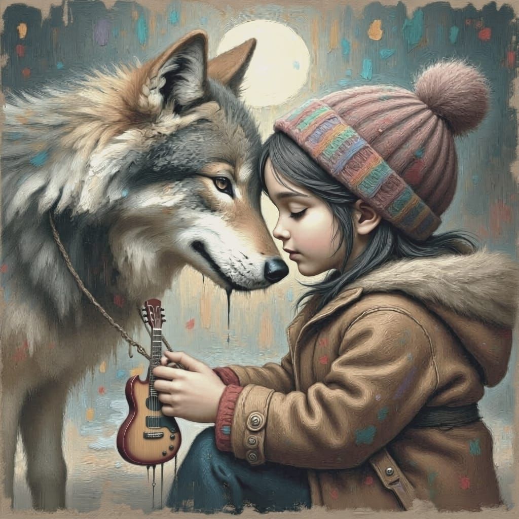 The image is a textured impressionistic digital painting depicting a young boy and a wolf in a close and intimate pose. The boy, who has med...