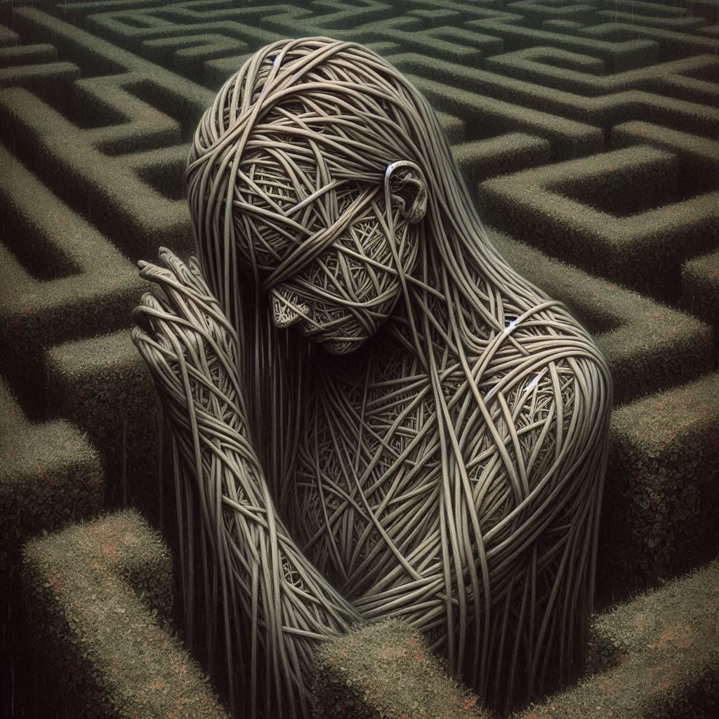 A surreal image of a woman constructed from strings in a hedge maze. The artwork features muted colors and distorted for...
