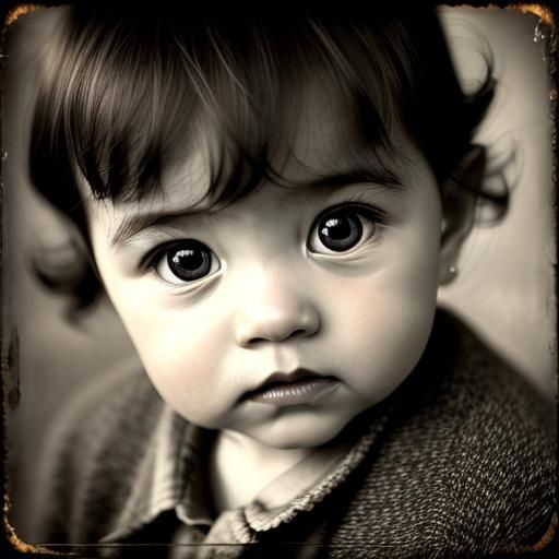 Ultrarealistic vintage cute baby photo Close up portrait, ambient light, Nikon 15mm f/1.8G, by Lee Jeffries, ...  by @LTSings