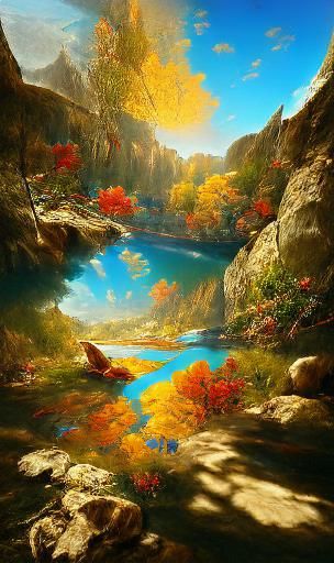 A beautiful painting of a river full of clear cystal deep bl...
