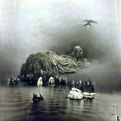 floating foggy island 1900s photograph sinister by Greg Rutk...