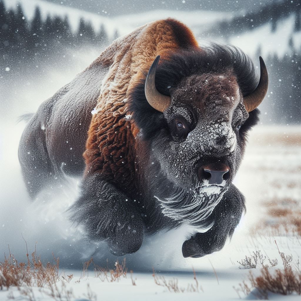 🦬❄️ A bison running through snow