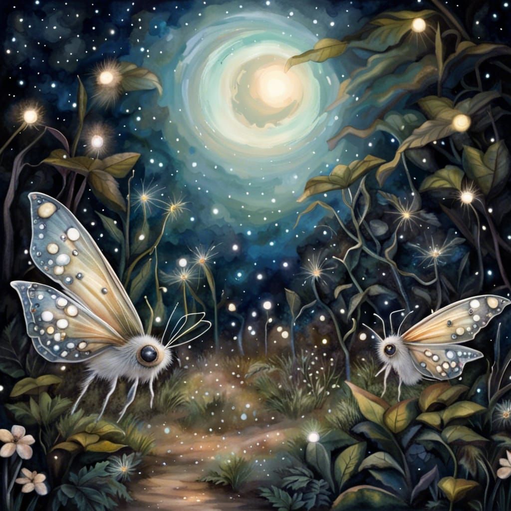 Beautiful moths in a Secret Garden at Moonlight, milkyway, f...