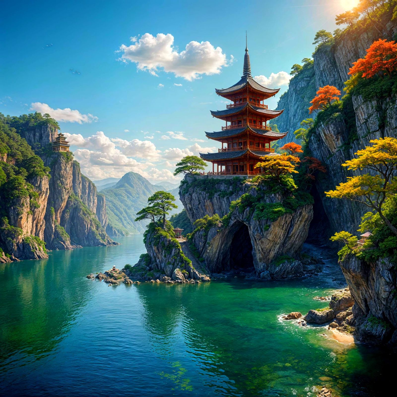 Hyperrealistic Pagoda on Cliff at Noon