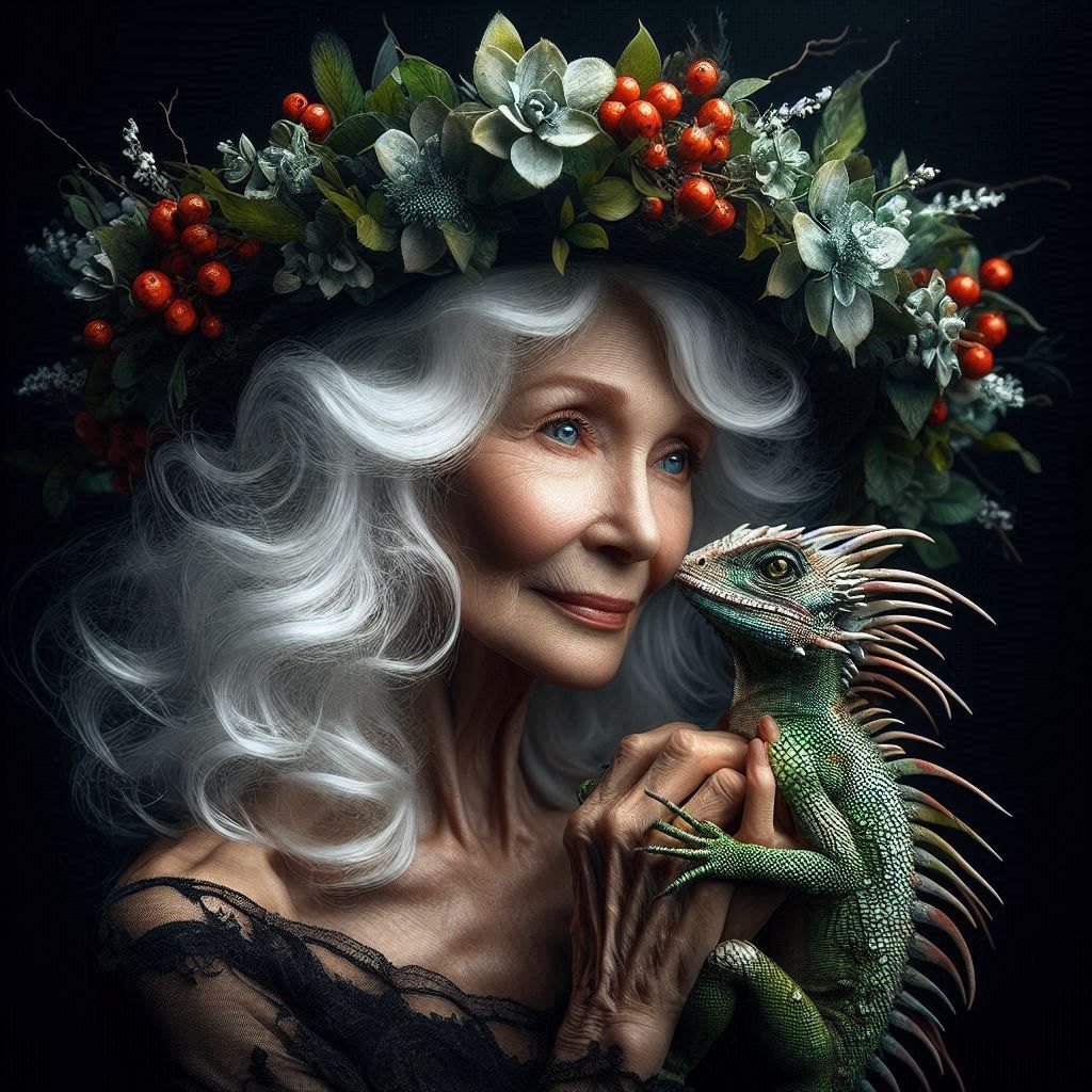 Old beautiful witch with her baby dragon