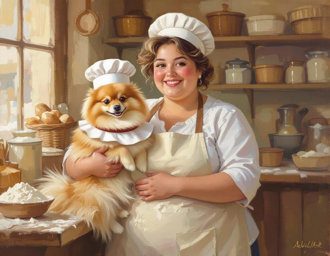 cheerful baker and her fluffy Pomeranian