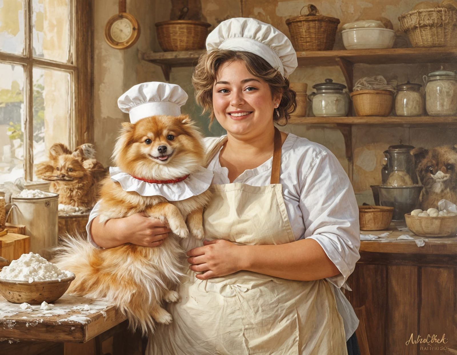 cheerful baker and her fluffy Pomeranian  by @Harmanna