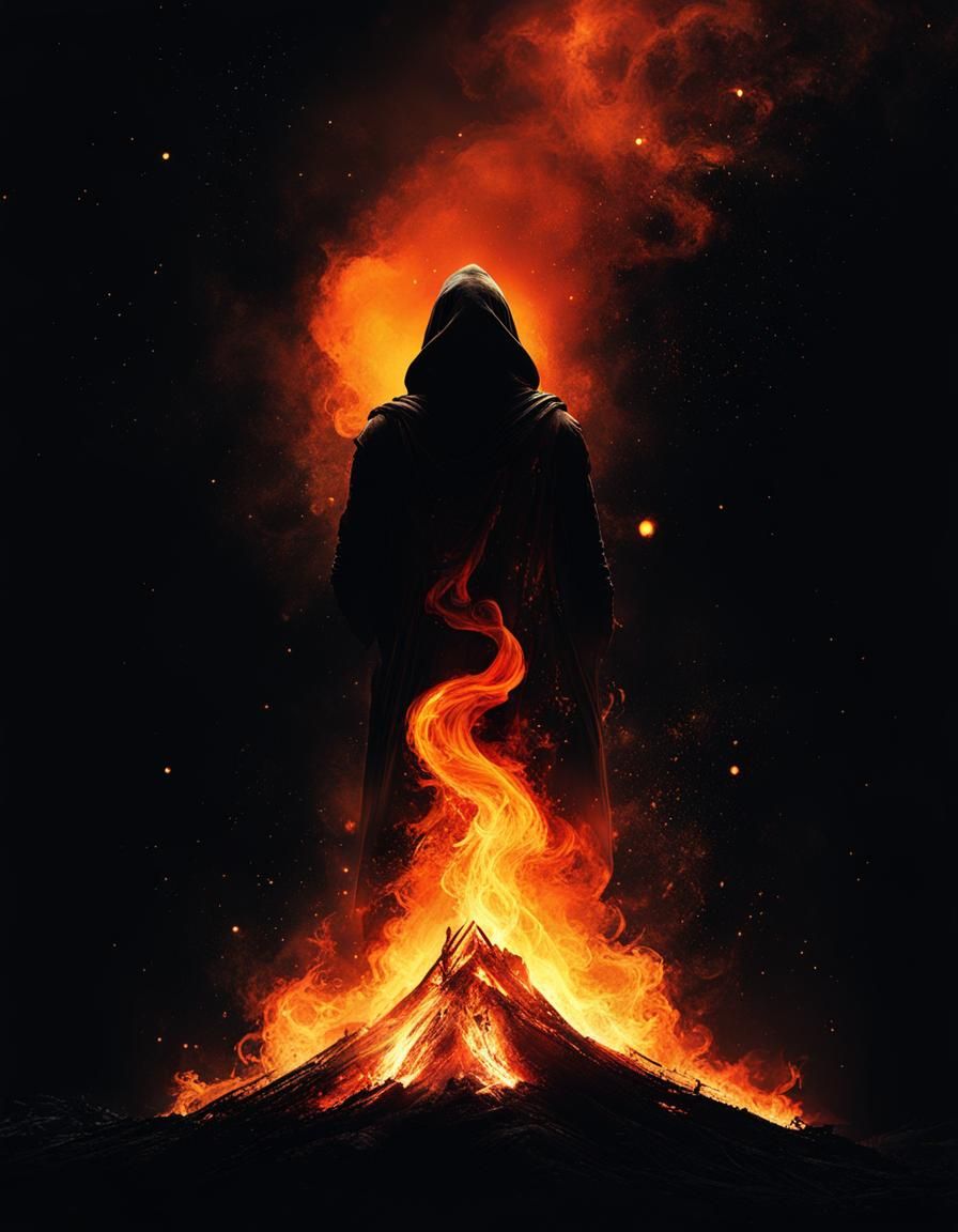 Mysterious hooded man standing by fire