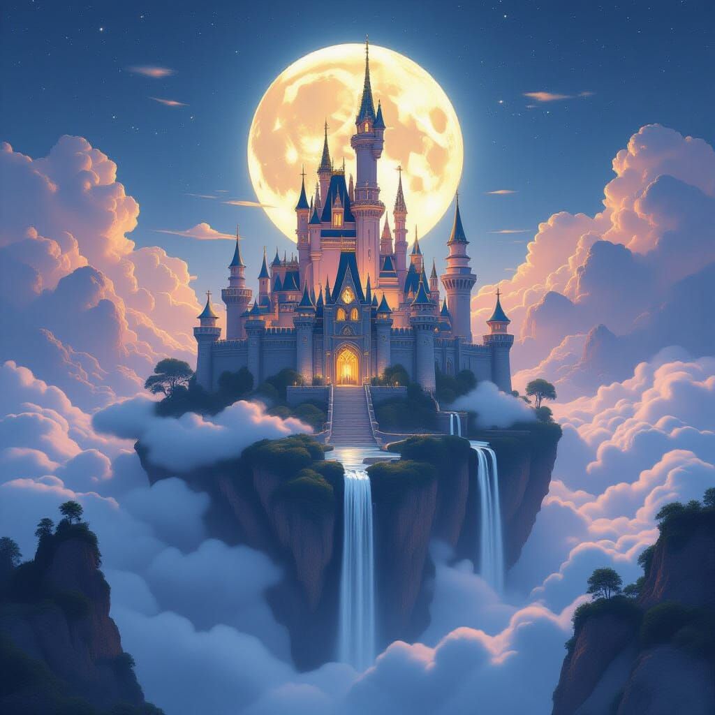 A majestic kingdom perched atop a floating island in the sky, bathed in the soft glow of the moon. Towering spires and ornate palaces rise a...