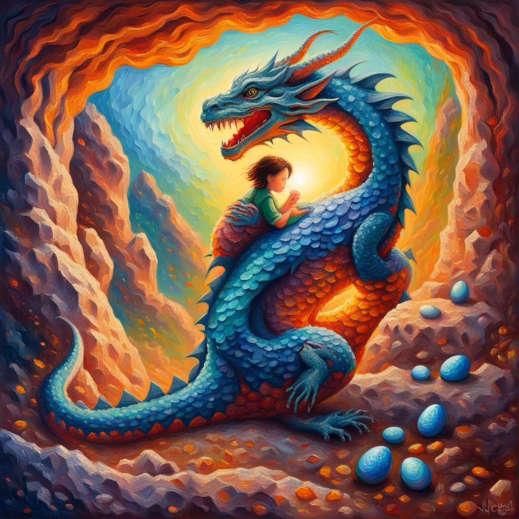 A beautiful sparkle-skinned Dragon mother watches and hug he...