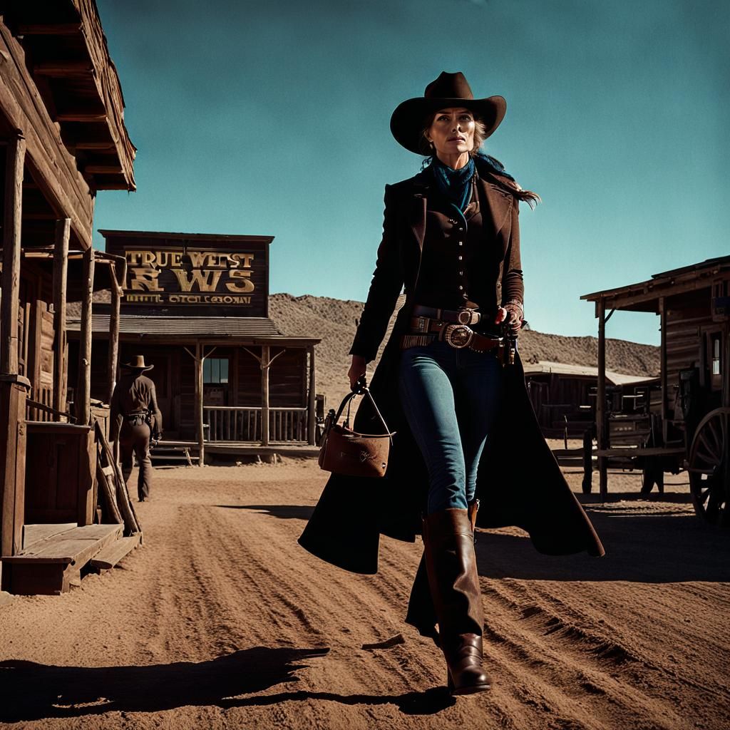 A female cowgirl gunslinger with dark dusty clothes and wide brimmed ...