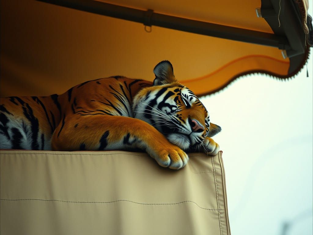 A tiger sleeping on top of a canvas awning Cinematic film still, shot on v-raptor XL, film grain, vignette, ...  by @BTMO