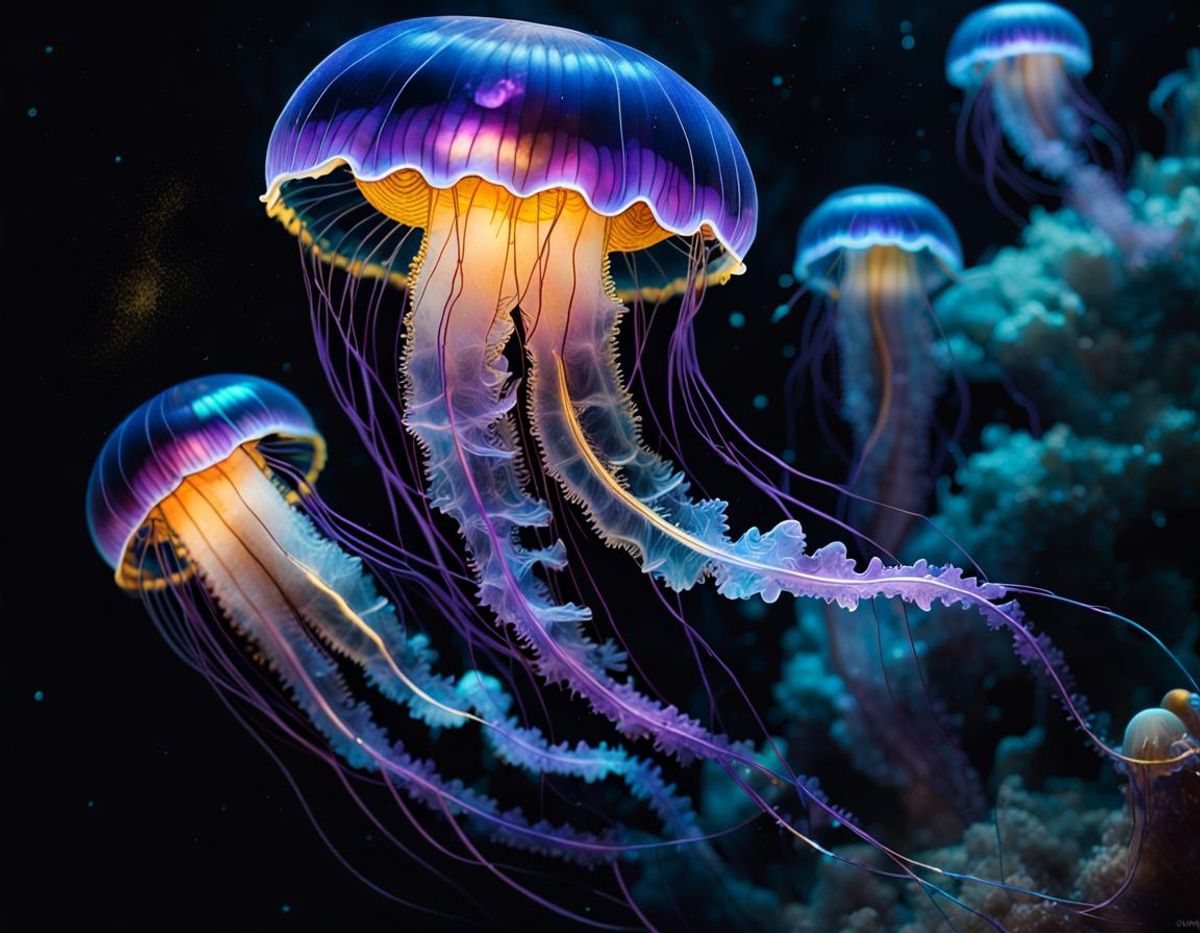 Beautiful Bioluminescent Blue And Purple And Gold Jellyfish, Glowing 