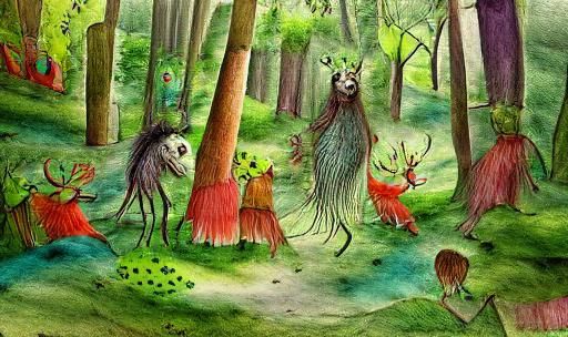 Strange creatures in the forest, storybook illustration