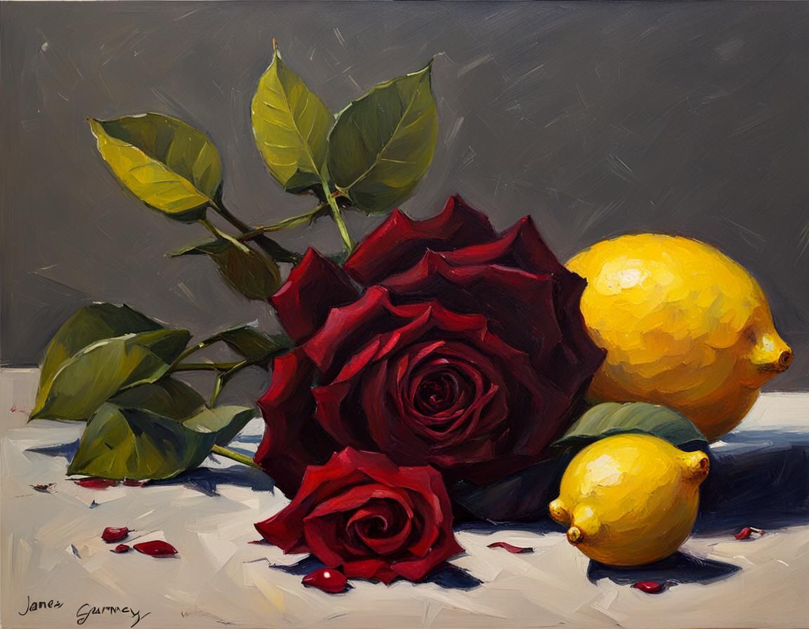 simple dark red rose and lemons
