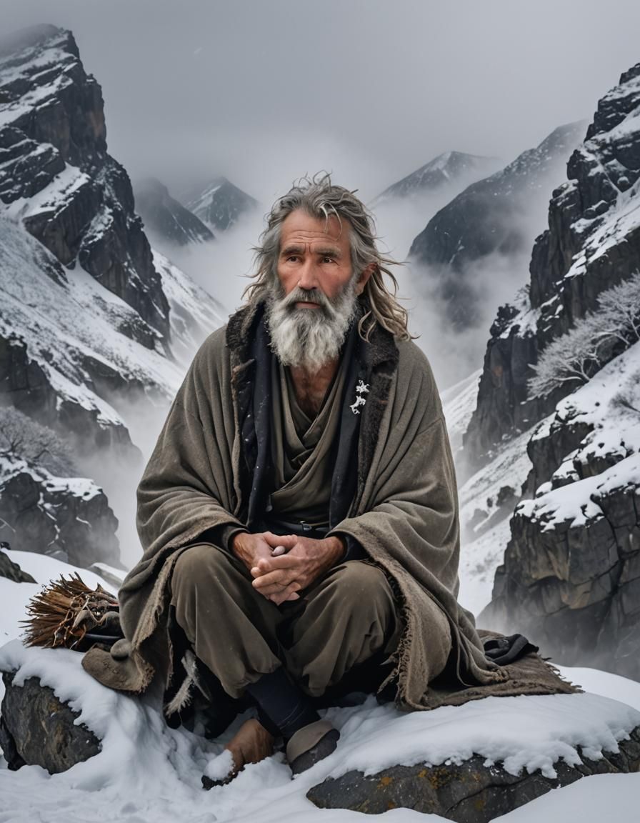 old hermit with long hair and beard, thin and wearing only a...