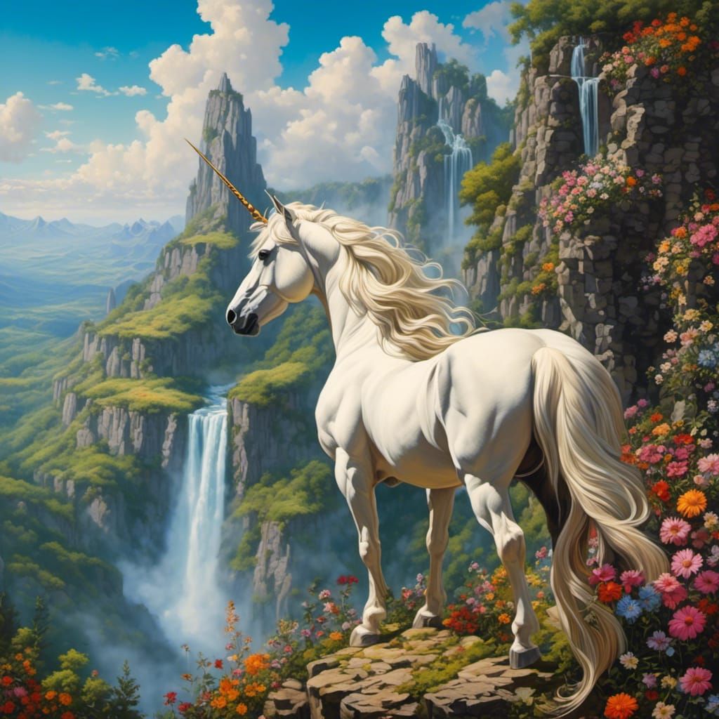 <lora:Framed in Flowers:1.0> a unicorn on a cliff, cliffs, waterfalls, forest