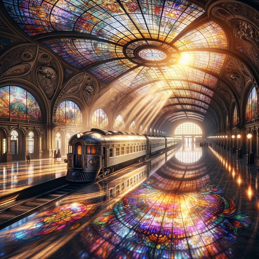 Sunlight streams through the stained-glass dome of a grand, vintage train station. The fragmented light ...  by @K J Baker