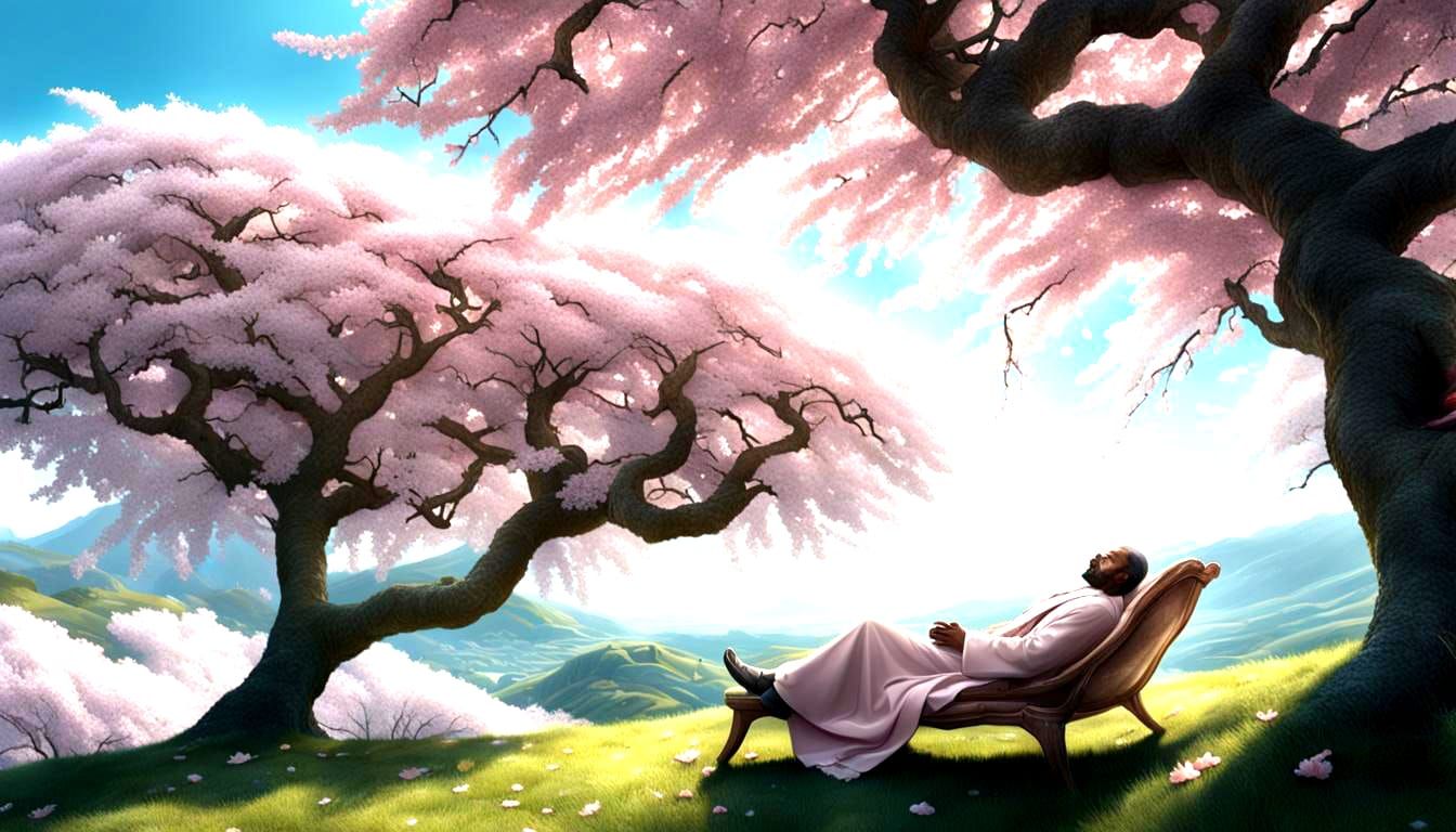 Surreal concept art of cherry trees which are blossoming,