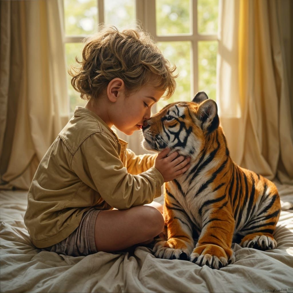 Baby Cradling Tiger Cub: Oil Painting