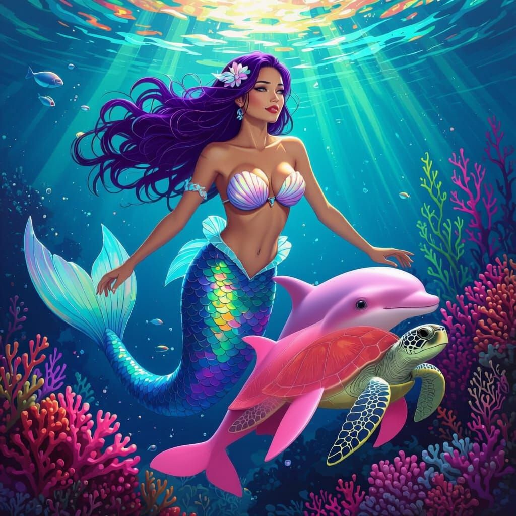 Mermaid swimming in a colourful ocean with neon and a sea turtle 