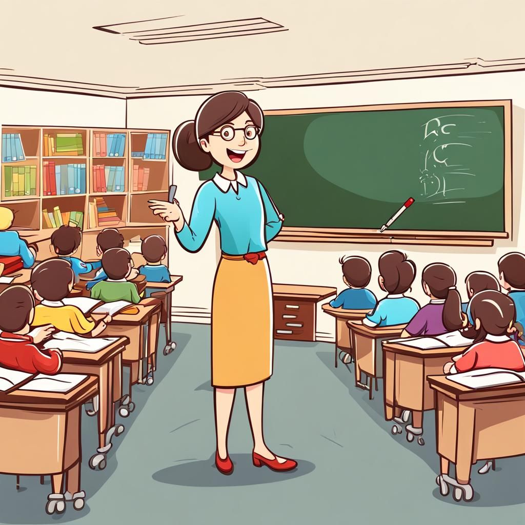 A cartoon woman teacher is teaching in front of the board