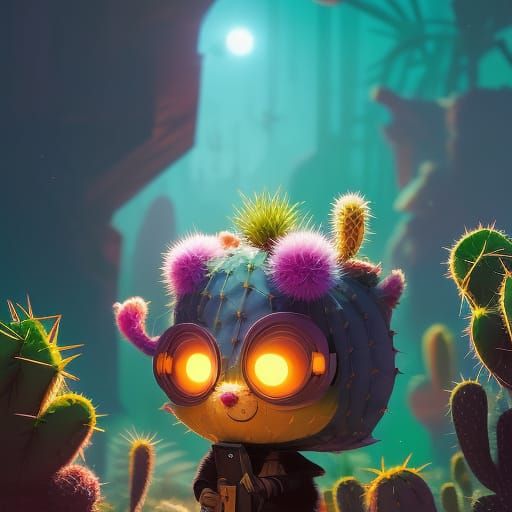 A floofy cute Cactus momster, by Dan Mumford, Ismail inceogl...