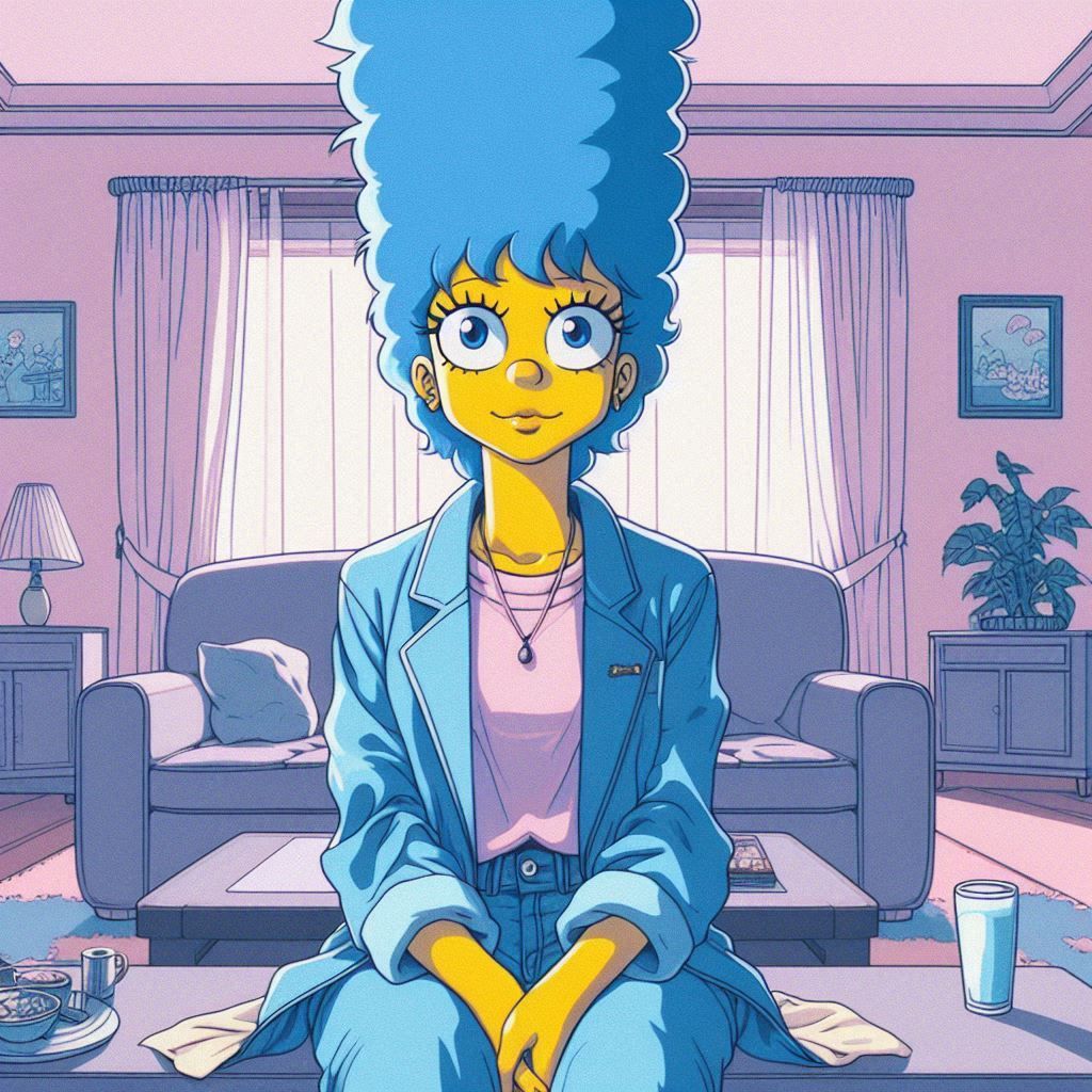 a 1980s anime style image of Marge Simpson drawn in human an...