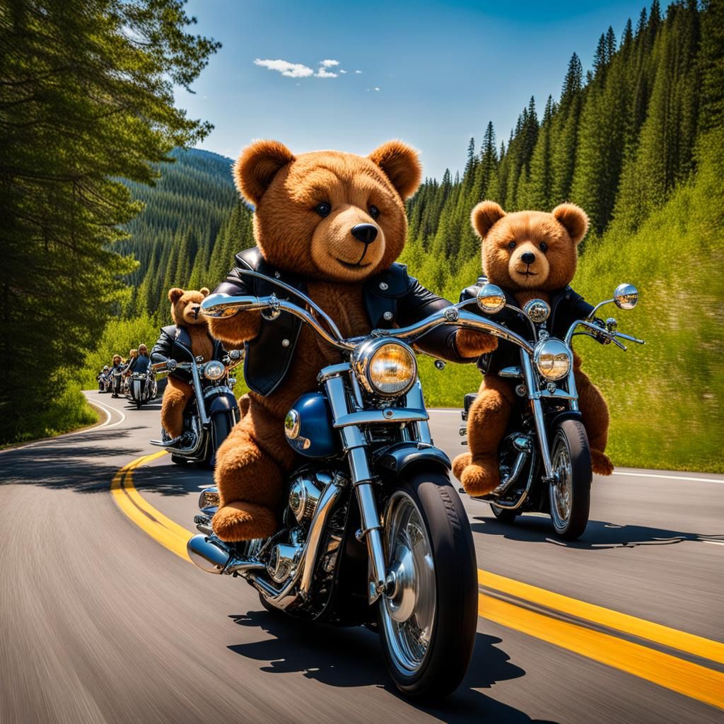 20 teddy bears riding motorcycles on a winding road wearing leather ...