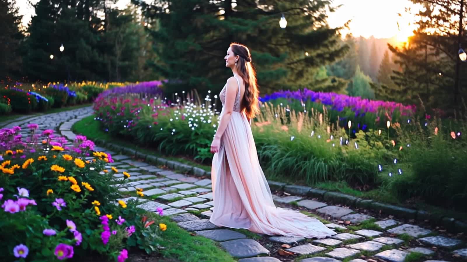 A beautiful woman with long hair wearing a long dress is walking down a cobble path at sunset. the path is surrounded by...