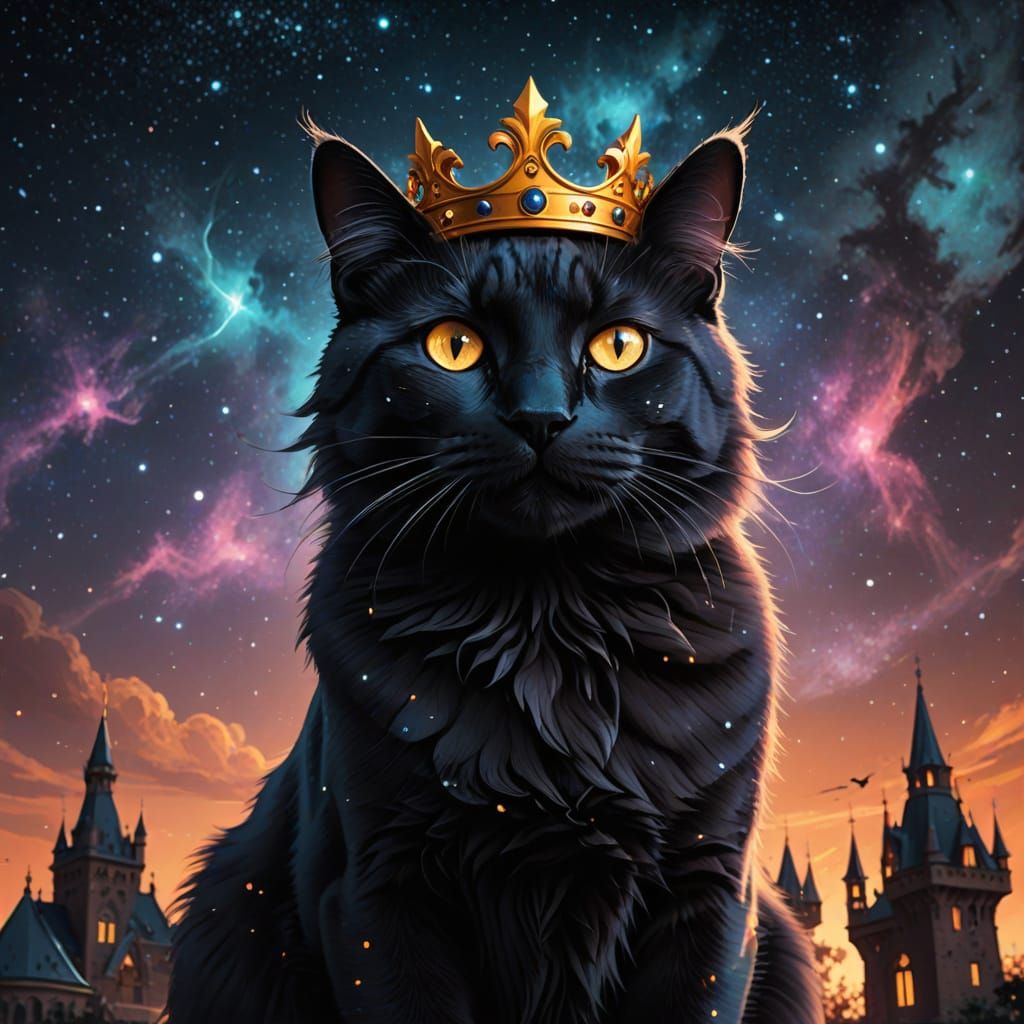 Halloween theme. Digital art. A celestial narrative unfolds featuring constellations forming the silhouette of a cat, wearing a crown made o...
