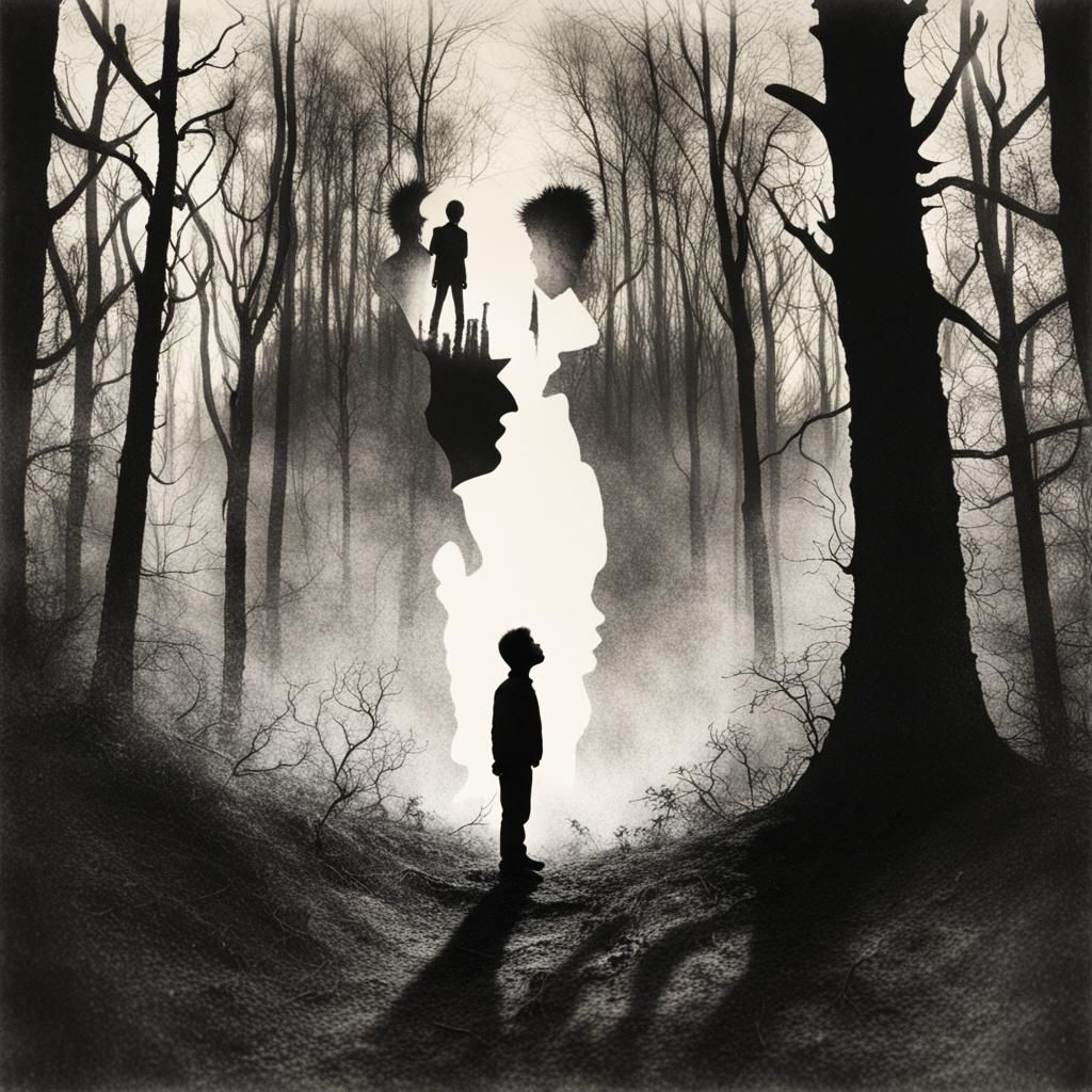 double exposure, Autism pieces, flowing out of a boys silhoette in a forest  by @Nic Siegel