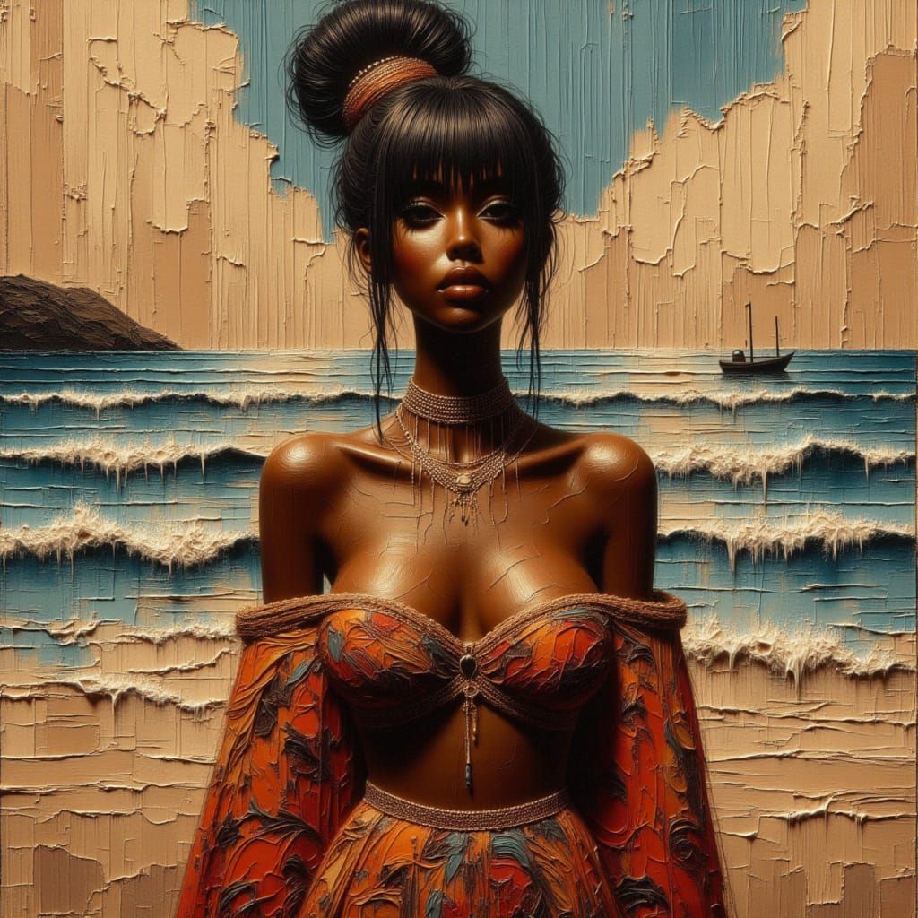 <lora:Moonchild:1.0> <lora:Blunt Bangs:1.0> Cinematic hdr, Waist-up portrait of an extremely gorgeous, super curvaceous African woman with t...