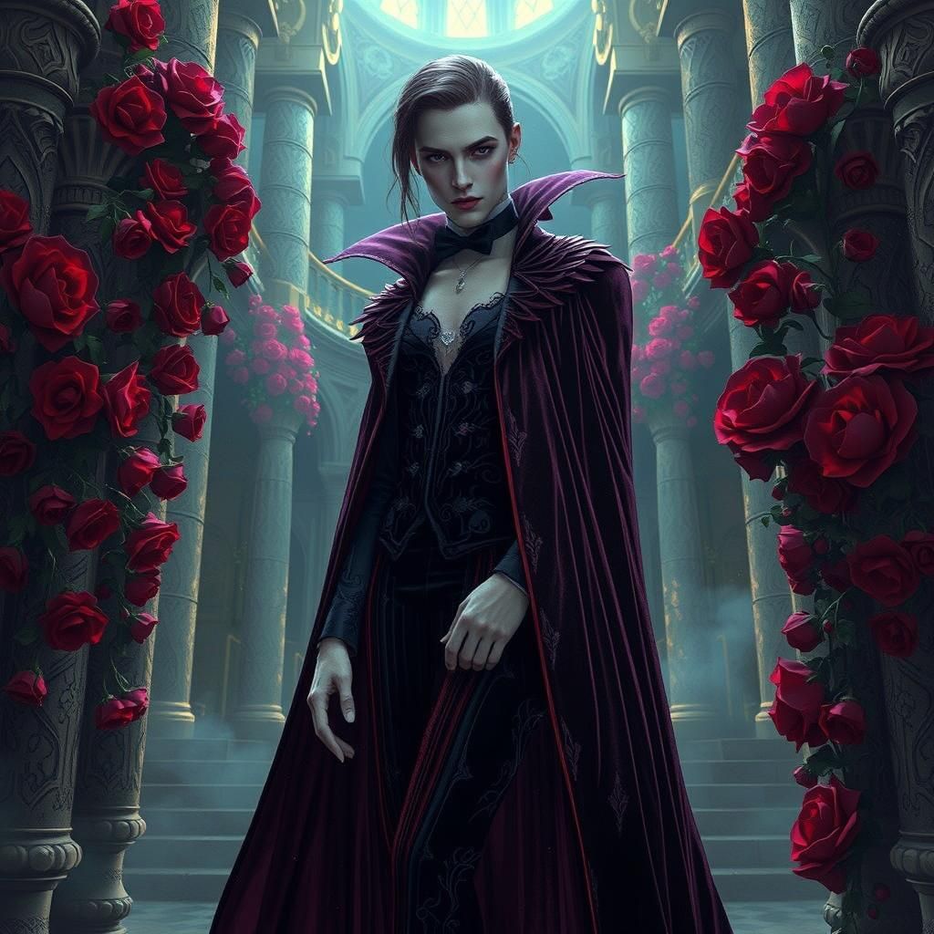 A portrait of a elegant vampire in a castle adorned with rubies with a darkly background. 