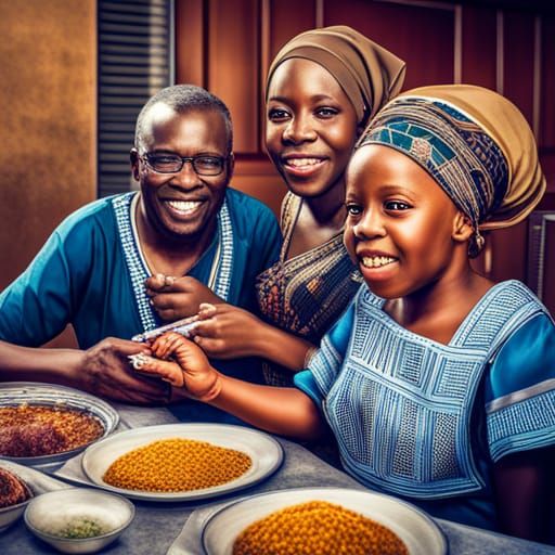 Picture of a happy Nigerian family of middle class enjoying eating rice together.

