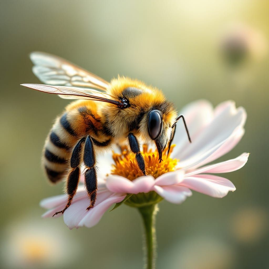 A highly detailed, close-up illustration of a bee on a flowe...