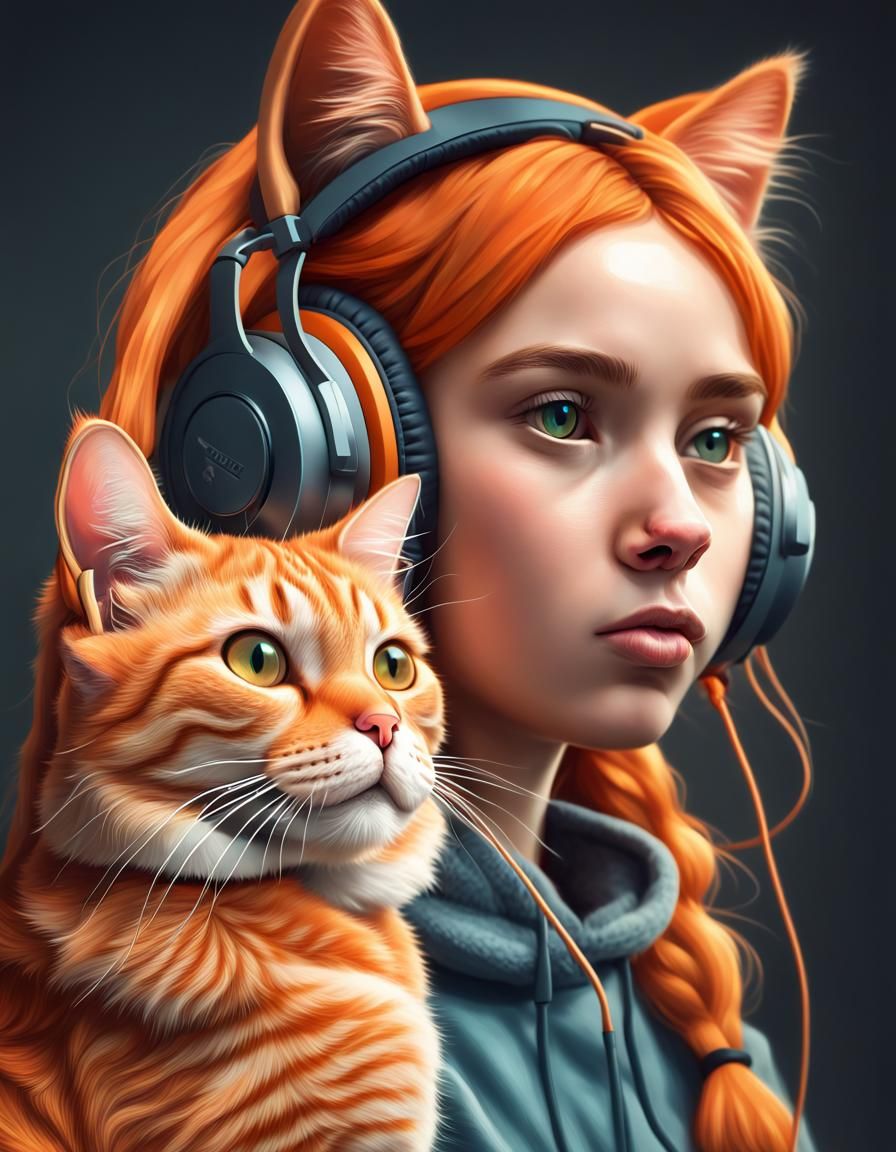 Lofi girl wearing big headphones with orange tabby cat