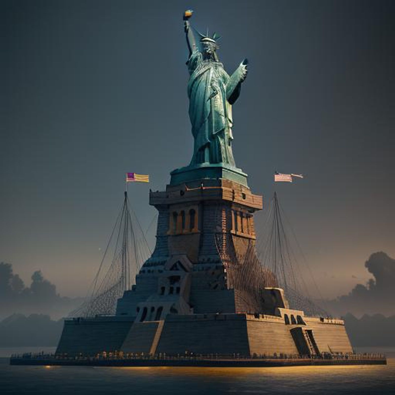 Statue of liberty with gold teeth sticking out her mouth and shackles