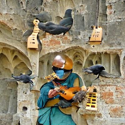 Medieval jazz guitarist with birds