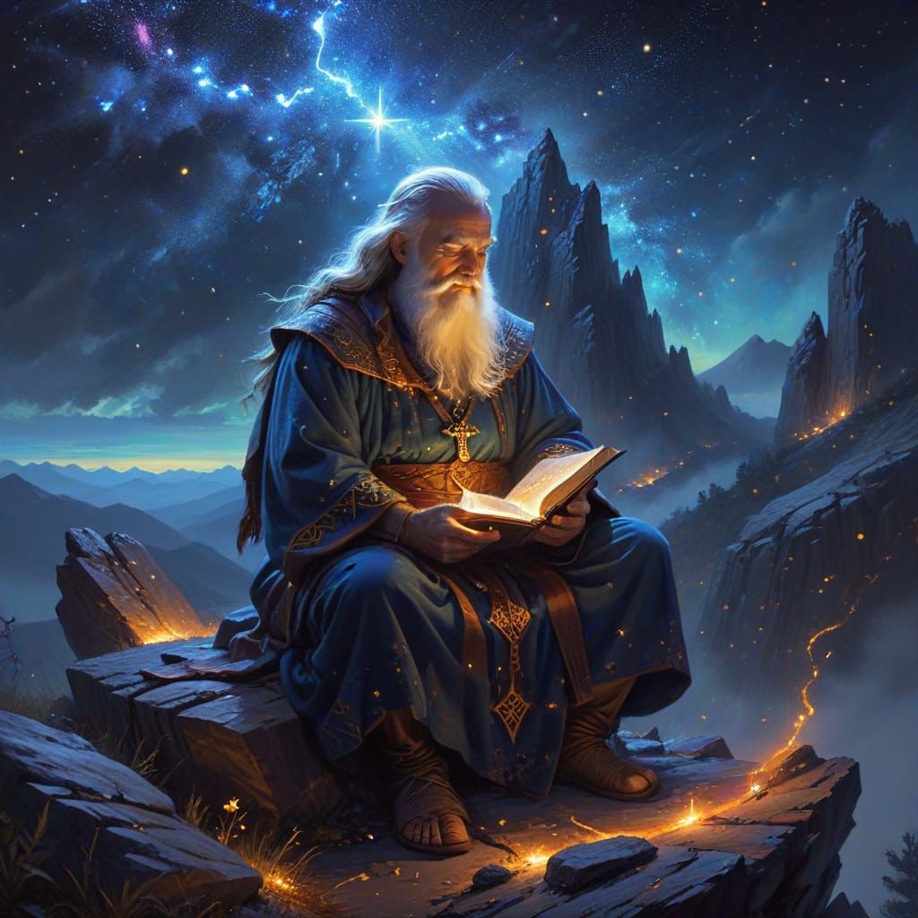 Mystical Sage Meditating with Glowing Book, Fantasy Art