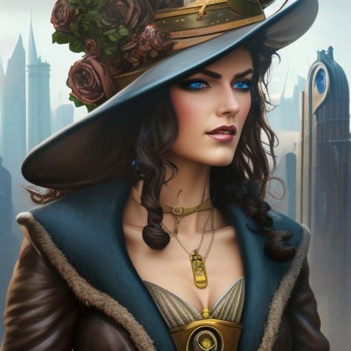 Steampunk goddess standing in front of Steampunk Big Ben - AI Generated ...