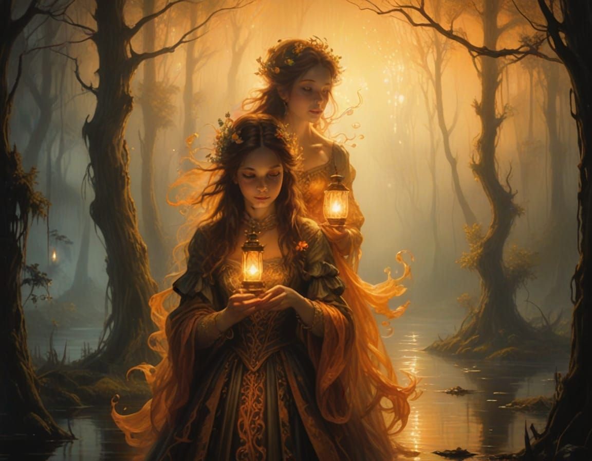 An elaborate oil painting of two glowing Will-o'-the-wisps floating over a dark swamp at night, trying to lure travellers from the safe path...