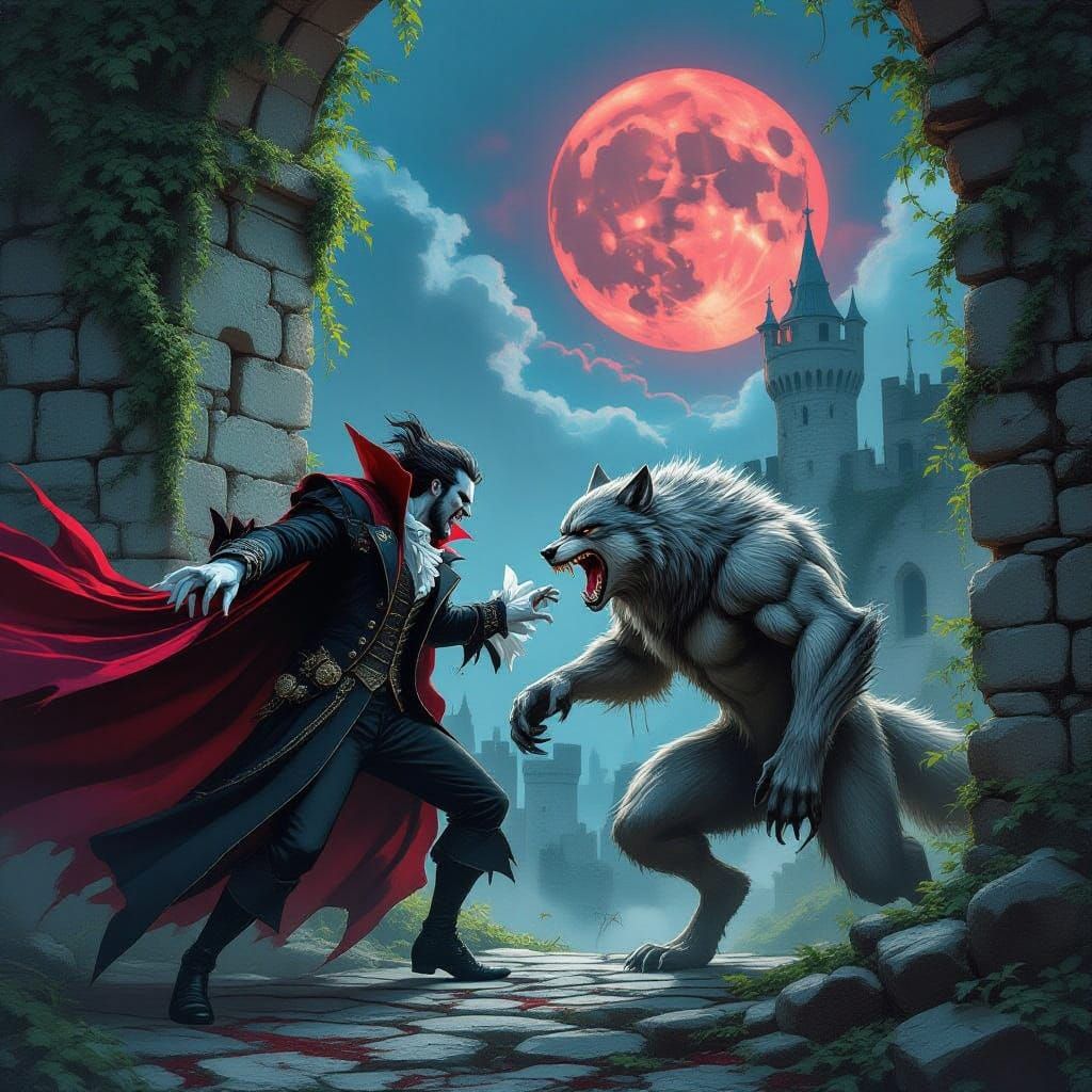 Epic Vampire vs Werewolf Clash under Bloody Moonli... - AI Art