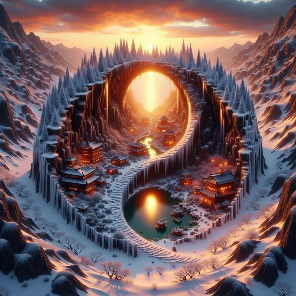 Yin-yang landscape, crumbling sand stairs, Distant hyperdetailed fire_and_waterfalls_village inside a winter japanese garden, colorful sunri...