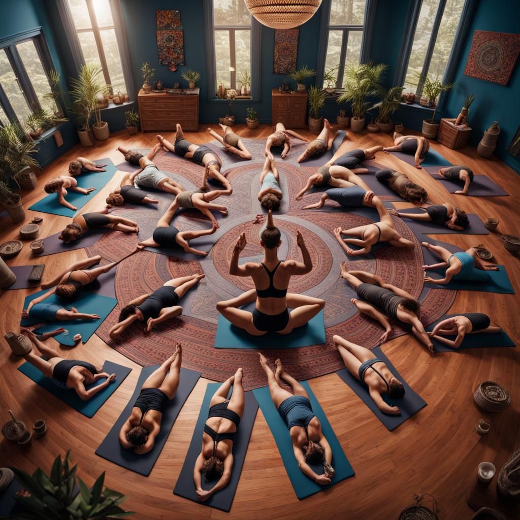 Room packed full of people doing a pretzel yoga pose together deep
