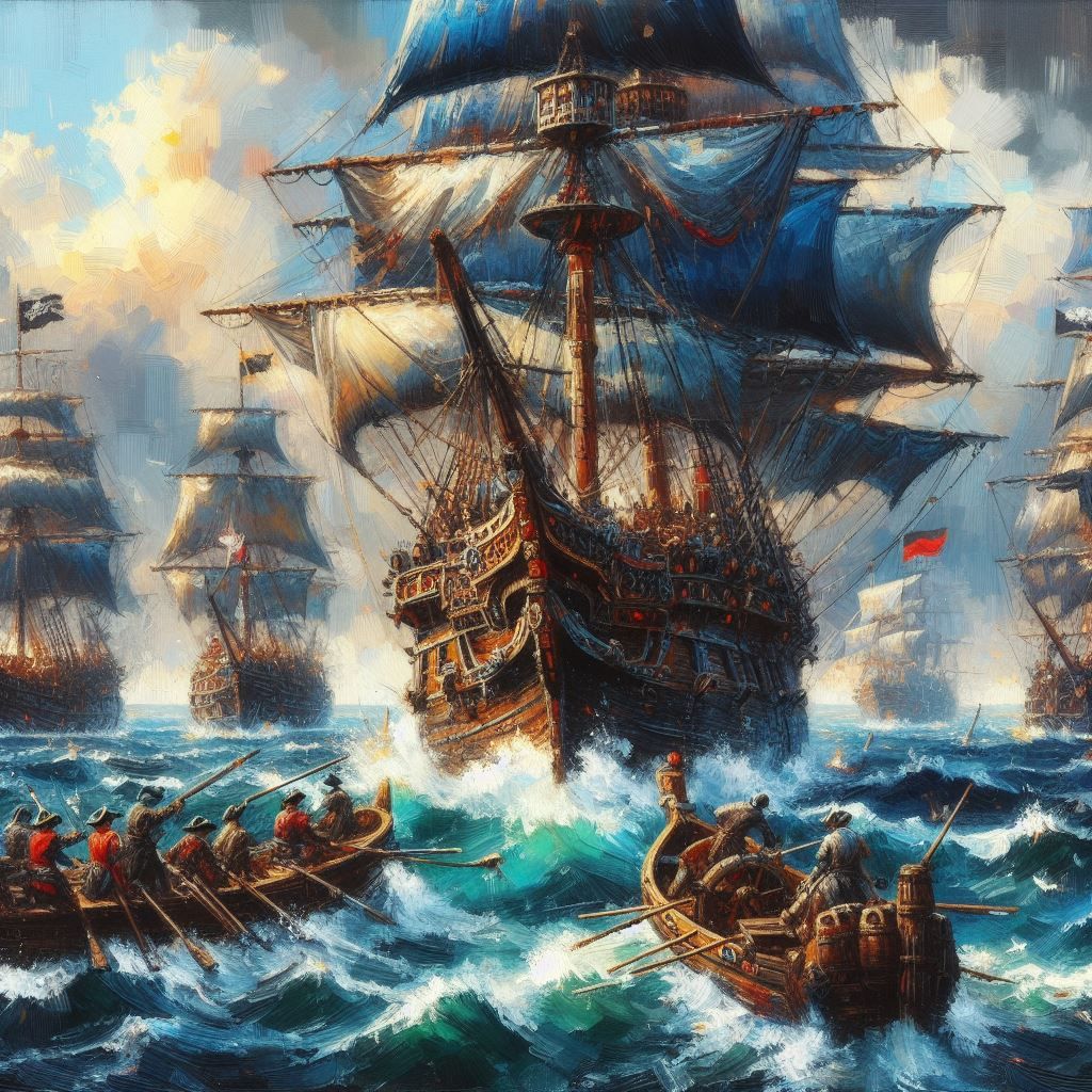 Sailing ships from a past time, rowing boats