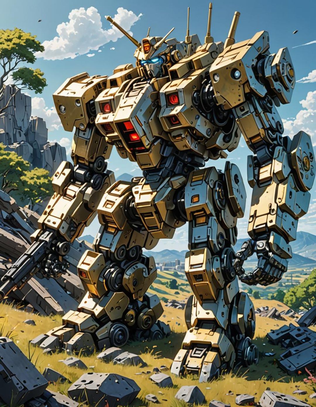 A battle destroyed 32 feet mecha laying on a hill, parts of the mecha ...