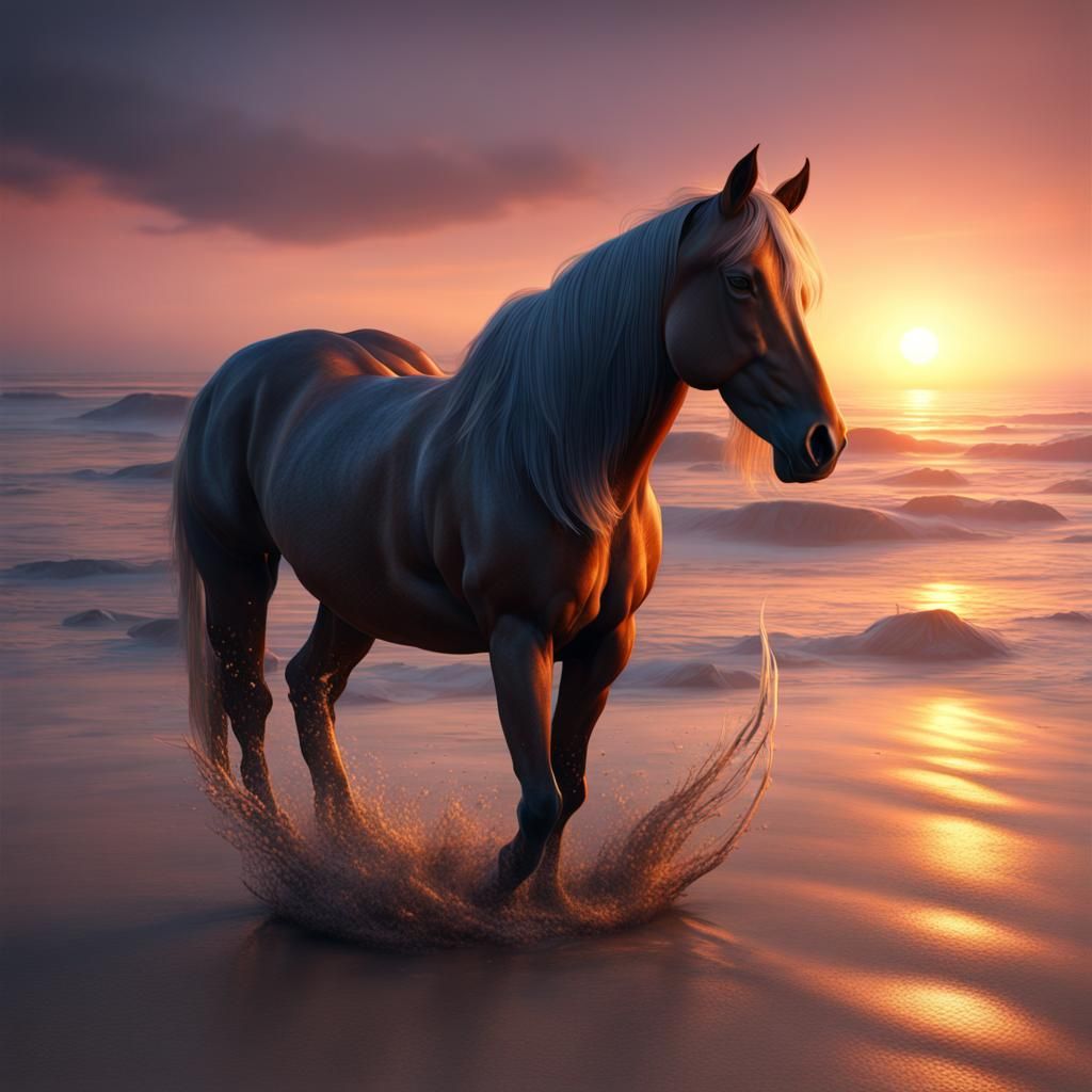 Horse on the beach in the sunset in a orb