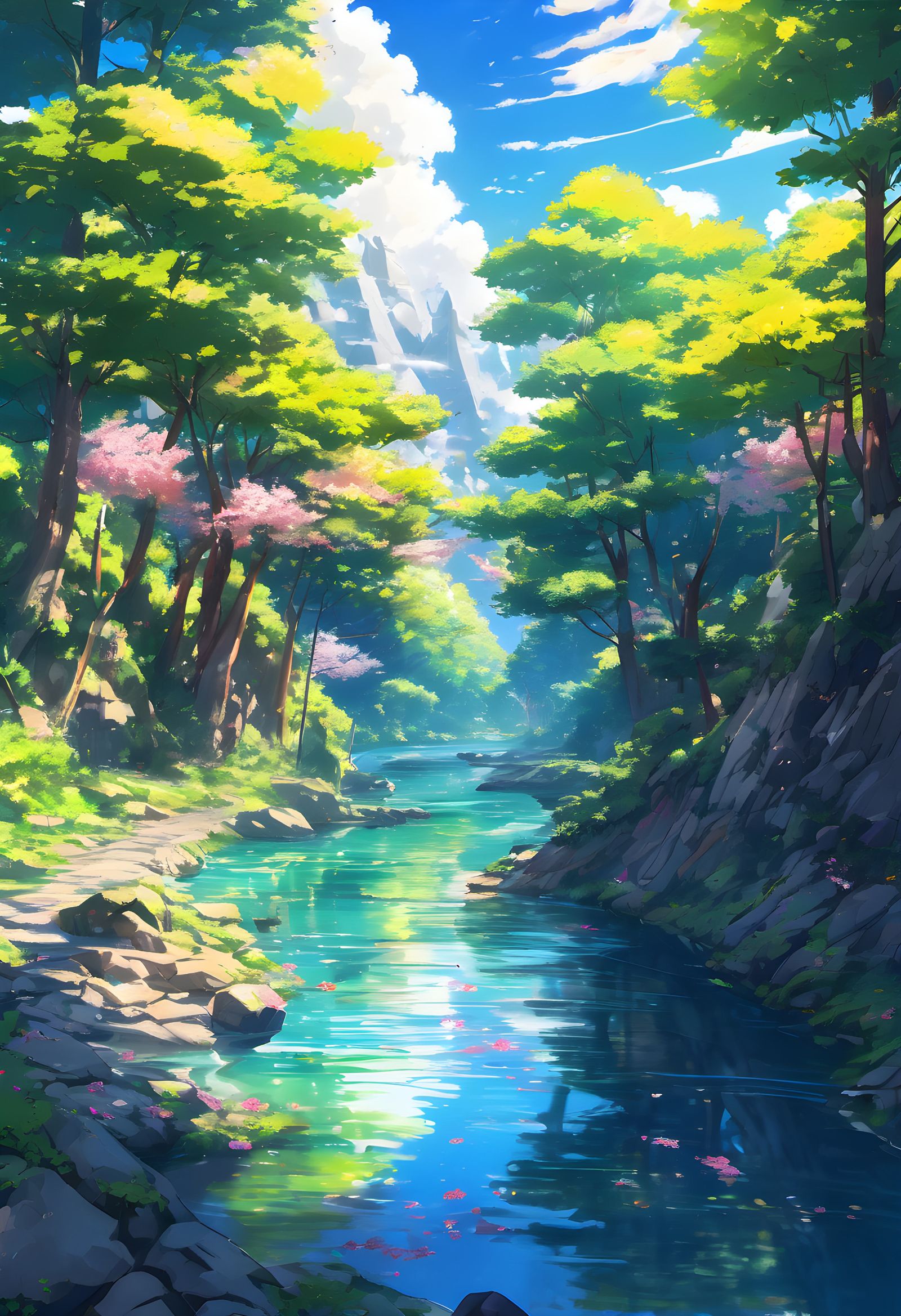 Vibrant Fantasy Anime 41m stream forest with mountain range