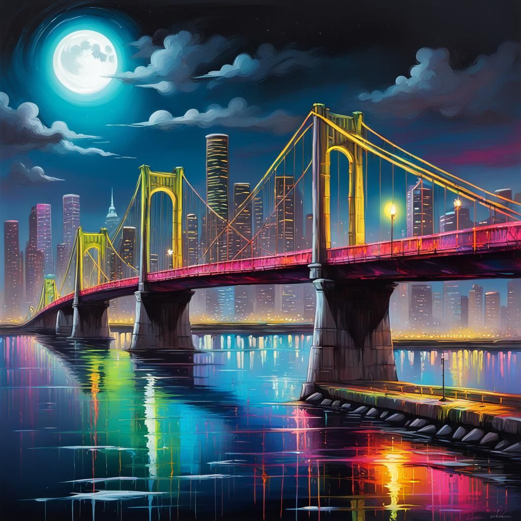 Bridge, skyline, night, neon street lights, tail lights, air...